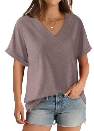 GKBK Womens Short Sleeve T Shirts V Neck Loose Fit Shirts Summer Casual Basic Tee Tops Gray Purple M - Image 1