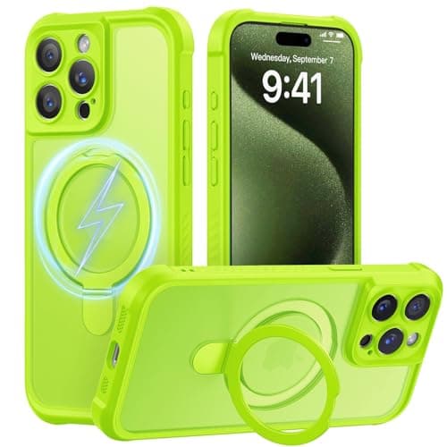 MOCCA Design for iPhone 15 Pro Case with Magnetic Invisible Stand [Full Camera Protection] [Compatible with Magsafe] Military Drop Shockproof Translucent Matte Phone Case Cover 6.1",Fluorescent Green
