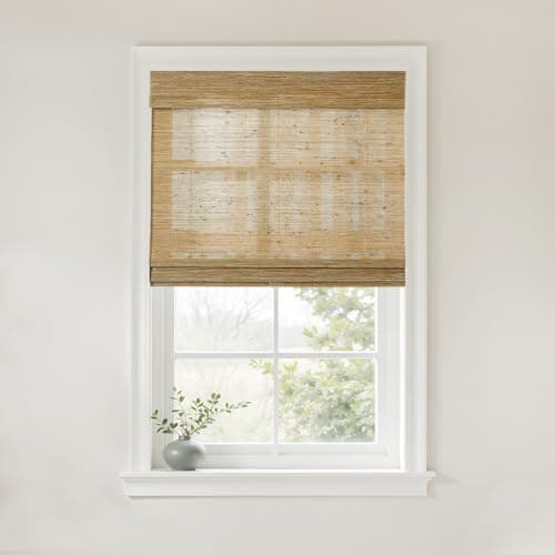 TWOPAGES Custom Cordless Natural Woven Roman Shades, No Drill or Motorized Blinds with Remote for Indoor Windows, Bark - Image 1