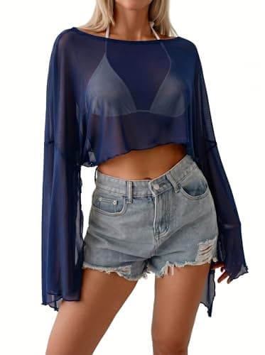 Dokotoo Women's Swimsuit Cover Up 2026 Cropped Beach Solid Cover Ups Summer Bell Sleeve Hippie Mesh Sheer Shirt Vacation Clothes 2026 Fashion Outfits Blue Large - Image 1