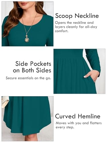 AusLook Women's Plus Size Long Sleeve Midi Dress Crewneck Casual Empire Waist Loose Flowy Dresses A-Line Boho Party 2025 Fall Winter Long Indigo Blue 2X Dress Vacation Outfit with Pockets - Thumbnail 4