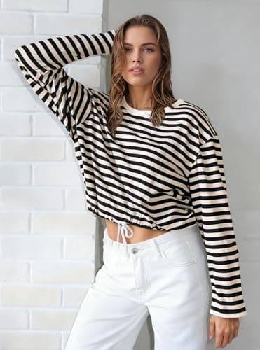 MONCCIZA Womens Long Sleeve Sweatshirt Oversized Striped Crewneck Pullover Going Out Crop Tops Casual Outfits Black - Thumbnail 4