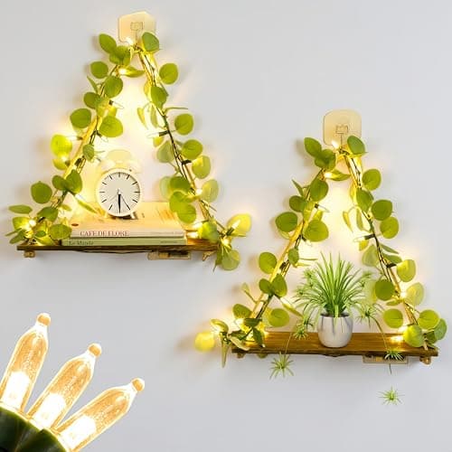 Macrame Hanging Shelf for Wall Decoration with Eucalyptus Lighted Garland,2 Pack Boho Hanging Shelves&Greenery Eucalyptus Garland with Lights for Bedroom Living Room Boho Wall Décor, Wedding Décor - Image 1