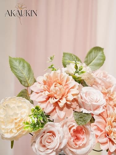 Pink Artificial Flowers Combo, Fake Silk Roses, Dahlias, Chrysanthemum Ball with Stems for Wedding Bridal Bouquets, Baby Shower, Party, Table Centerpieces, Home Decor & DIY Floral Arrangements - Thumbnail 5