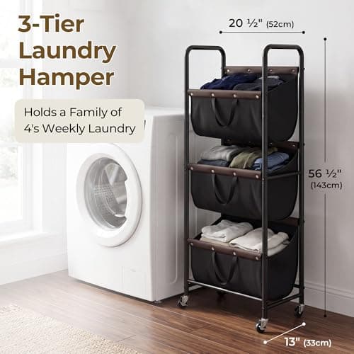 GRANNY SAYS 3 Tier Laundry Sorter, Laundry Basket with Wheels, Laundry Room Organization and Storage, 3 Section Rolling Laundry Cart for Dorm, Bathroom, Bedroom, Closet, Black - Thumbnail 2