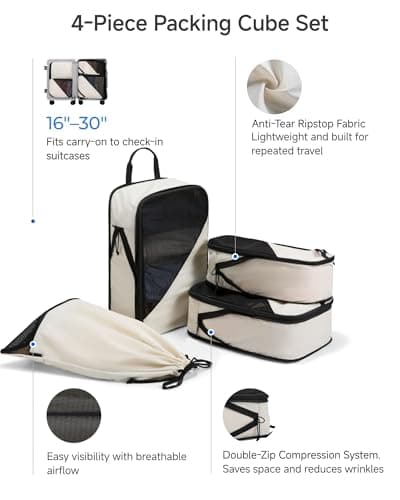 LUGGEX Compression Packing Cubes for Travel, 4 Set Lightweight Luggage Organizer Bags with Shoe Bag, Space Saving Suitcase Packing Cubes for Carry-On with Breathable Mesh, Double-Zipper (POX01, Beige) - Thumbnail 6