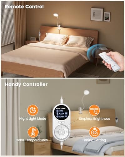 Glocusent 72 LED Clip on Lamp with Remote, Reading Light with Amber Ring, 3 Colors & 5 Dimmable Bed Lamp, 30/60-Min Auto Off Timer, Clamp Light for Headboard/Dorm/Bunk (White) - Thumbnail 5
