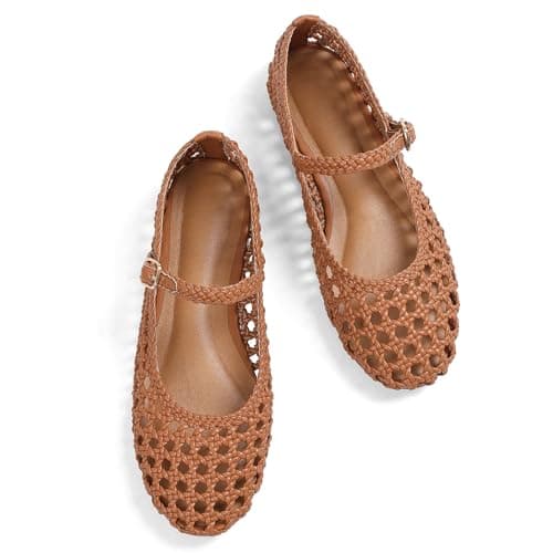 Brown Woven Ballet Flats for Women Round Toe Mesh Flats Buckle Strap Flat Shoes Comfortable Mary Jane Dressy Mesh Shoes Casual Ballerina Mary Janes Size 9.5 - Image 1