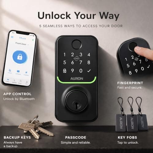 Smart Deadbolt Lock – 5-in-1 Keyless Entry: Fingerprint, Keypad, App, Card & Key | IP65 Weatherproof | Auto-Lock | Fits Standard Doors 1-3/8"-1-3/4" | No Wiring (Matte Black) - Thumbnail 2
