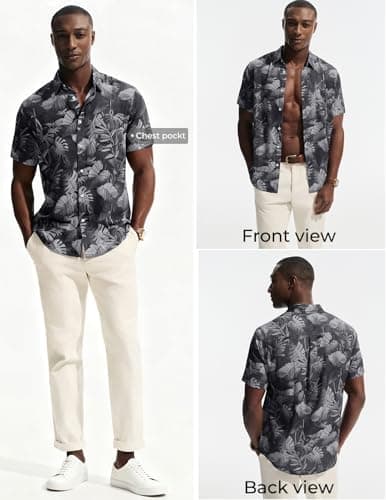 PJ PAUL JONES Mens Hawaiian Shirt Short Sleeve Button Down Shirts Beach Resort Casual Tropical Shirts with Pocket Palm Leaf Print - Thumbnail 3