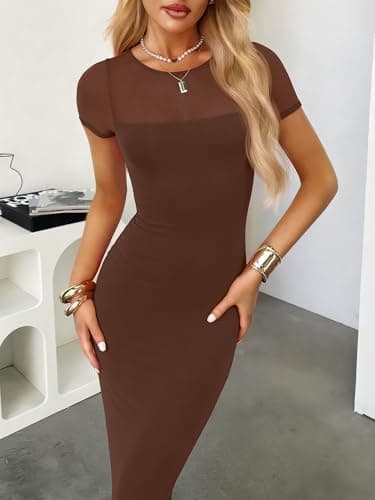 Caracilia Women's Wedding Guest Dress,Double Lined Soft Floral Mesh Maxi Dress,Short Sleeve Bodycon for Formal Cocktail Party Brown X-Small - Thumbnail 6