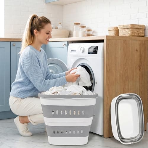 46L/12 Gal Collapsible Laundry Baskets, Foldable Hamper with Handles, Plastic Pop Up Storage Container for Laundry, Home, Dorm, Travel - Gray/White, Set of 2 - Thumbnail 2