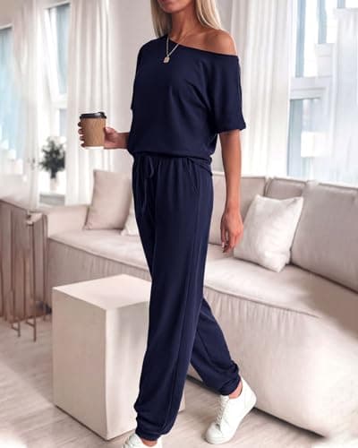 Zenlonr Women Summer 2 Piece Outfits 2026 Off Shoulder Short Sleeve Tops Elastic Waist Drawstring Long Pants Tracksuit(Navy,XX-Large) - Thumbnail 3