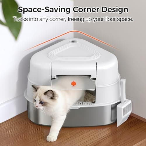 Chumajor XXL Stainless Steel Corner Cat Litter Box with Lid - Sturdy, No Odor & Space-Saving Hidden Design for Large Cats, White - Thumbnail 2