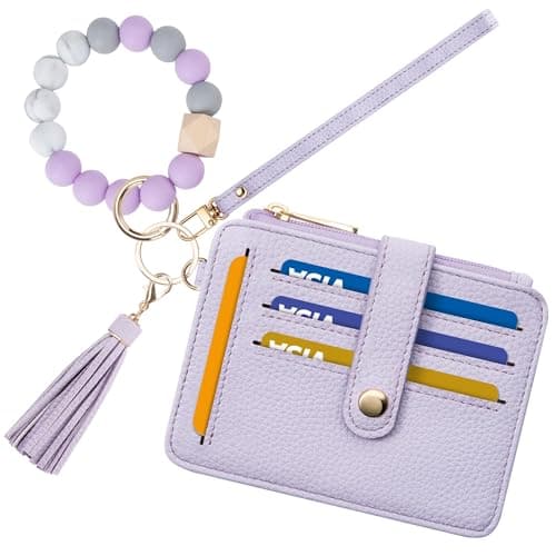 Airkit Wristlet Wallets for Women, Keychain RFID Blocking Credit Card Holder, Small Girly Wallet with Bracelet, Silicone Beaded Tassel Key Ring Card Holder, Purple - Image 1