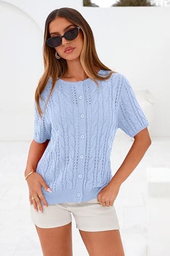 MASCOMODA Women Summer Cable Knit Crochet Cardigan Sweaters Casual Button Short Sleeve Sweater Cute Beach Hollow Out Knit Top(Light Blue,Large) - Thumbnail 4