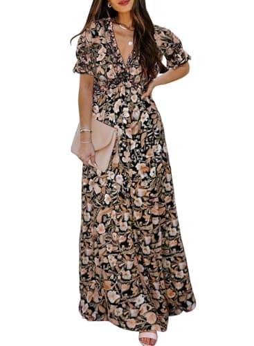 BLENCOT Womens Deep V Neck Floral Printed Dress Summer Short Sleeve Long Party Cocktail Dresses Black X-Large - Image 1