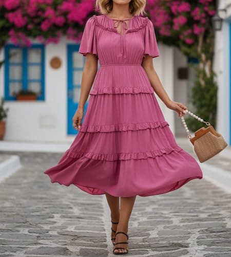 Ystguic Casual Boho Summer Trendy Dresses with Pockets Elastic Waist for Women 2025 Pleated Flowy Aline Rayon Viscose Dress for Seniors for Wedding Guest Small YG025 Pink S - Thumbnail 3