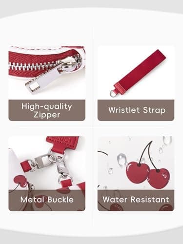 CLUCI Keychain Wallet for Women PU Leather Coin Purse Detachable Dual Pouch Wristlet Wallet Zipper Pocket Cherry Print - Thumbnail 5