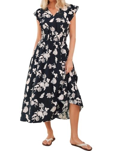 Women's Summer Dress, Casual Floral Beach Maxi Dresses, Flutter Sleeve Long Flowy Boho Vacation Sundress(Black/White,L) - Image 1