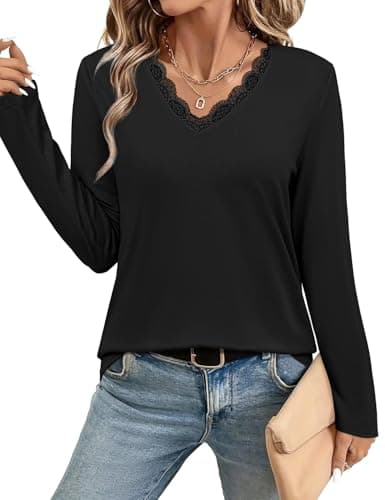 JUSTFASHIONNOW Lace Long Sleeve Tops for Women V Neck T Shirts Business Casual Blouses Cute Tunic Tops Trendy Comfy Tee Winter Outfits 2025 (Black,Large) - Image 1