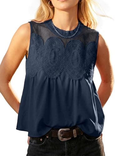 Funlingo Lace Tops for Women Poplin Mesh Cute Blouses Dressy Casual Sleeveless Flared Swing Tank Top Crew Neck Shirt Intricate Back Design Navy Blue M - Image 1