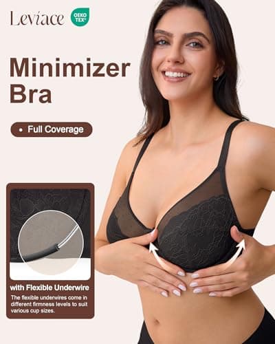leviace Minimizer Bras for Women Full Coverage Underwire - Back Smoothing, Plus Size Minimizer Bra for Large Bust, Comfortable Heavy Breast Support Bra, Black, 36C - Thumbnail 2