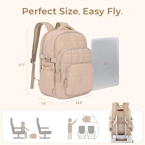CLUCI 17.3 Inch Laptop Backpack for Women, Anti Theft Travel Backpack, Puffer Quilted Work Backpack, Water Resistant College Bookbag, Carry on backpack with RFID (Khaki) - Thumbnail 6