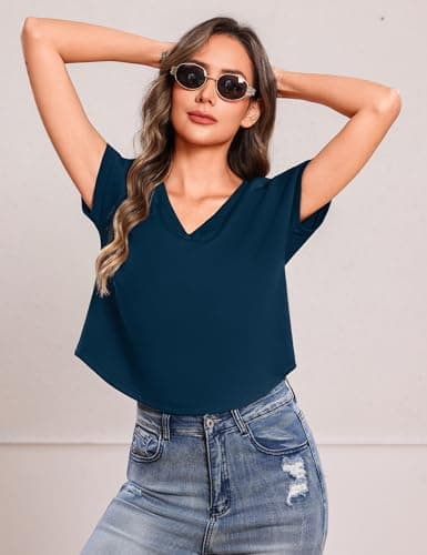 Totatuit Women Cute Cap Sleeve Cropped Tee V Neck Casual Business T-Shirts Waist Length Loose Fit Plain Summer Tops 2026 Fashion Clothes Navy Blue X-Large - Thumbnail 2