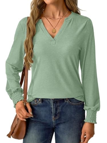 GKBK Womens Long Sleeve Shirts Fall Tops V Neck Business Dressy Casual Blouses with Smocked Cuffs Green - Thumbnail 5