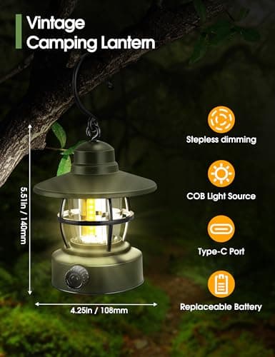 Camping Lantern Rechargeable Battery Powered 【2 Pack】, Camping Gear Must Haves, Camping Accessories, Retro Camping Light Waterproof Hanging LED Tent Lamp for Outdoor Hiking Fishing (Dark Green) - Thumbnail 4