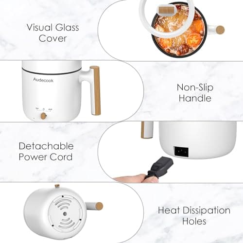 Audecook Hot Pot Electric with Steamer, 1.8L Portable Mini Travel Cooker, Multifunctional Non-Stick Electric Skillet for Stir Fry/Stew/Steam, Perfect for Ramen Noodles/Pasta/Egg/Soup/Oatmeal (White) - Thumbnail 5