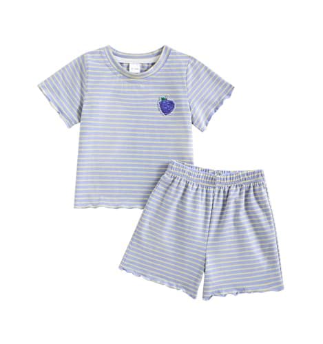 JULYFIRE Toddler Baby Girl Summer Clothes Striped Lettuce Trim Short Sleeves T-Shirt Tee Tops Shorts Cotton Cute Girls Outfits Set (Purple and Yellow, 6-12 Months) - Image 1