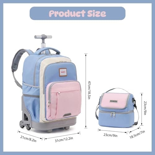 BAMIFEI 18 Inch Blue Pink Rolling Backpack for Girls, Climb Stairs Kids Rolling Backpack Carry On Wheeled School Backpack, Spacious Multiple Compartments Quiet Wheels Travel Backpack for Kids - Thumbnail 2