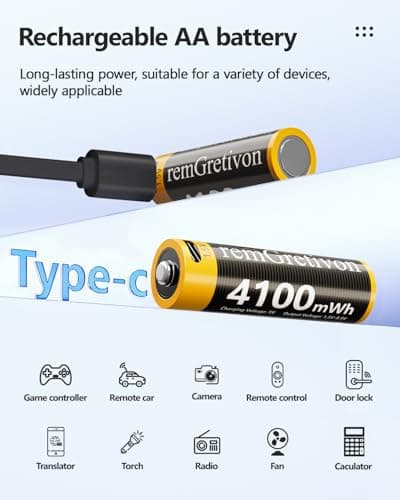 remGretivon USB C Rechargeable AA Batteries 4 Pack, 4100mWh 1.5V Constant Output Lithium Ion Battery, 2.5H Fast Charging Double A Rechargeable Batteries with 4-in-1 Cable, 1500 Cycles - Thumbnail 3