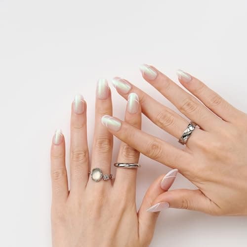 Short French Tip Press On Nails - Round Glitter Glamorous Shimmering Nails For Women, Ideal For Fashion Shoots, Holiday Looks, Or Special Ceremonies, 24 Nails in 12 Sizes - Thumbnail 4