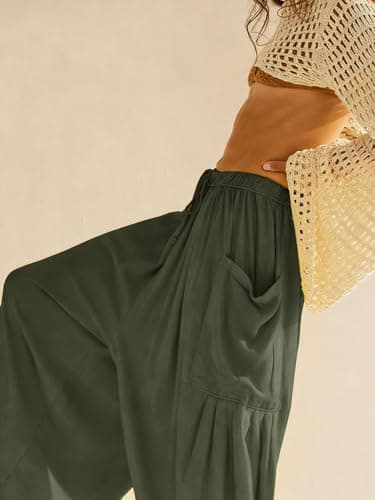 COCOMARTS Womens Linen Wide Leg Palazzo Pants Casual Loose Elastic Drawstring Flowy Pant 2025 Fall Travel Baggy Harem Pants with Pocket Green Large - Thumbnail 4