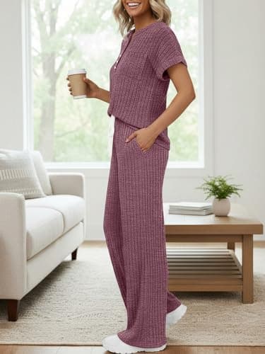 LILLUSORY Women 2 Two Piece Matching Lounge Sets 2026 Spring Summer Beach Vacation Clothes Pajamas Top Wide Leg Pants Sweat Suits Airport Travel Outfits Casual Sweatsuit Fashion Loungewear - Thumbnail 4