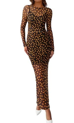 BTFBM Spring Dresses for Women 2026 2 Piece Set Long Sleeve Polka Dot Sexy Bodycon Mesh Dress and Slip Dress Wedding(Big Dot Black Yellow, XX-Large) - Image 1