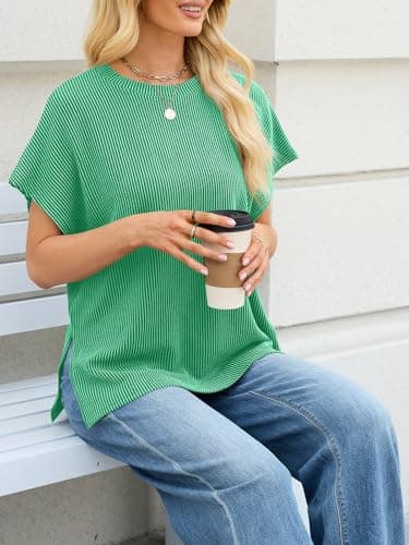 Womens Oversized Tshirts Summer Casual Cap Sleeve Ribbed Tops Loose Fit Flowy Dolman T Shirt Plus Size Teacher Outfits Tees Green L - Thumbnail 4