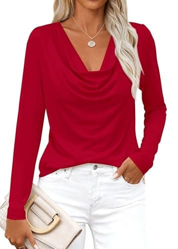 PRETTYGARDEN Womens Spring Tops 2026 Dressy Cowl Neck Long Sleeve Shirts Loose Business Casual Blouses Teacher Tunic Top(Red,3X-Large) - Image 1