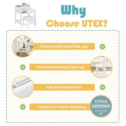 UTEX Kids Desk and Chair Set, Study Desk for Kids with Storage Bins, Wooden Children Study Table, Student Writing Desk for Bedroom & Study Room (2 Fabric Drawers) - Thumbnail 3