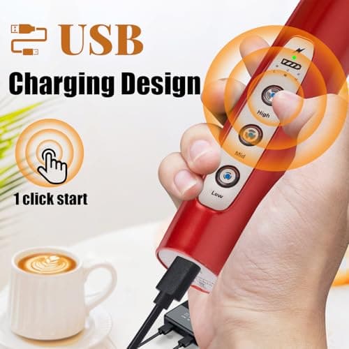 Nahida Red Milk Frother Wand for Coffee - Rechargeable Handheld Electric Whisk with 3 Heads, 3 Speeds - Drink Mixer for Latte, Cappuccino, Hot Chocolate - Thumbnail 2