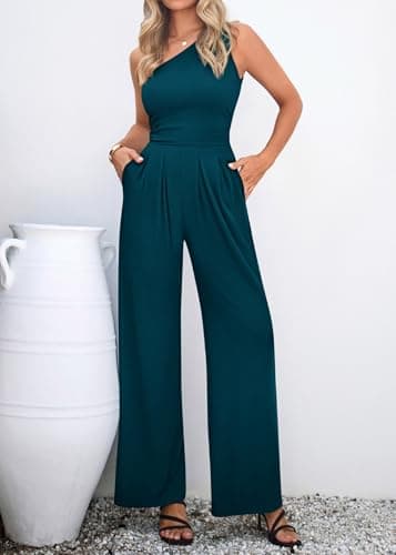 KIRUNDO One Shoulder Jumpsuits For Women Dressy Summer Formal One Piece Ribbed Wide Leg Romper Pockets Cocktail Party Outfits(Lake Blue, Medium) - Thumbnail 6