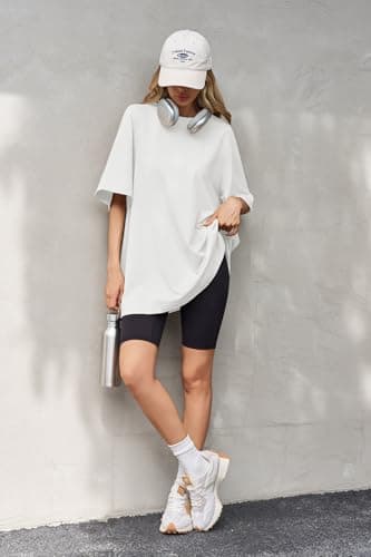 Tankaneo Womens Oversized Tshirts Crew Neck Short Raglan Sleeve Tunic Tops Summer Casual Loose Fit Workout Tee Shirts White - Thumbnail 3