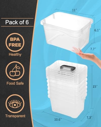 EOENVIVS Plastic Storage Bins with Lids 6 Packs, 7 Quart Storage Organizer Bins with Buckle-Up Latches and Handle, Stackable Storage Containers for Home Pantry Office Classroom Organization, Clear - Thumbnail 2