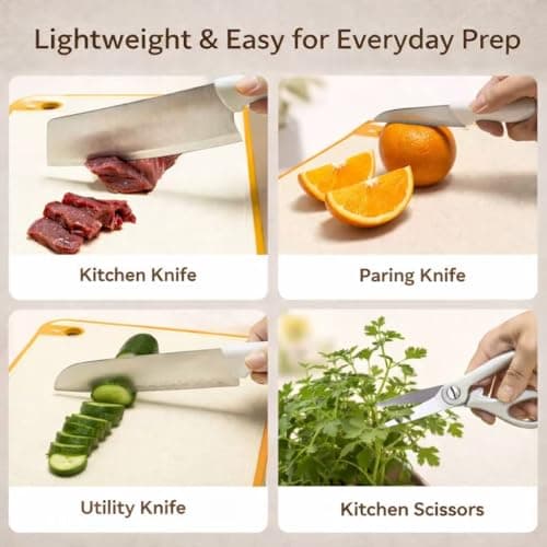 5-Piece Knife Block Set, Lightweight Stainless Steel Kitchen Knives Set with Scissor, Removable Drain Block, Home Apartment New Kitchen Essentials (Beige White) - Thumbnail 4