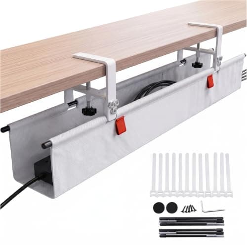 Under Desk Cable Management Tray 36" — No Drill Clamp-On Cord Organizer for Desk with Built-in Ties, Heavy Duty Metal Clamp, Foldable 600D Oxford Fabric for Home Office, WFH & Gaming PC Setup (White)