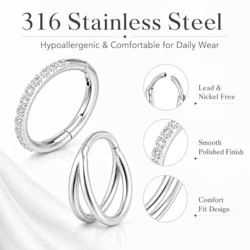 AOzT 4Pcs 16G Nose Rings Hoops - 10mm Septum Clicker Rings for Women Men, 316 Stainless Steel Hinged Nose Hoop Piercing Jewelry for Septum Cartilage Tragus Helix Lip, Silver - Thumbnail 6