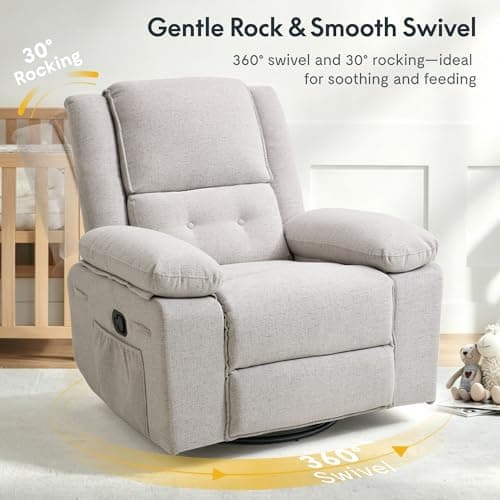 FLEXISPOT Swivel Rocker Recliner Chair for Adults, Massage Recliner Rocking Chair Nursery, 360° Swivel Nursery Glider for Living Room Bedroom, Beige (XRC2) - Thumbnail 4